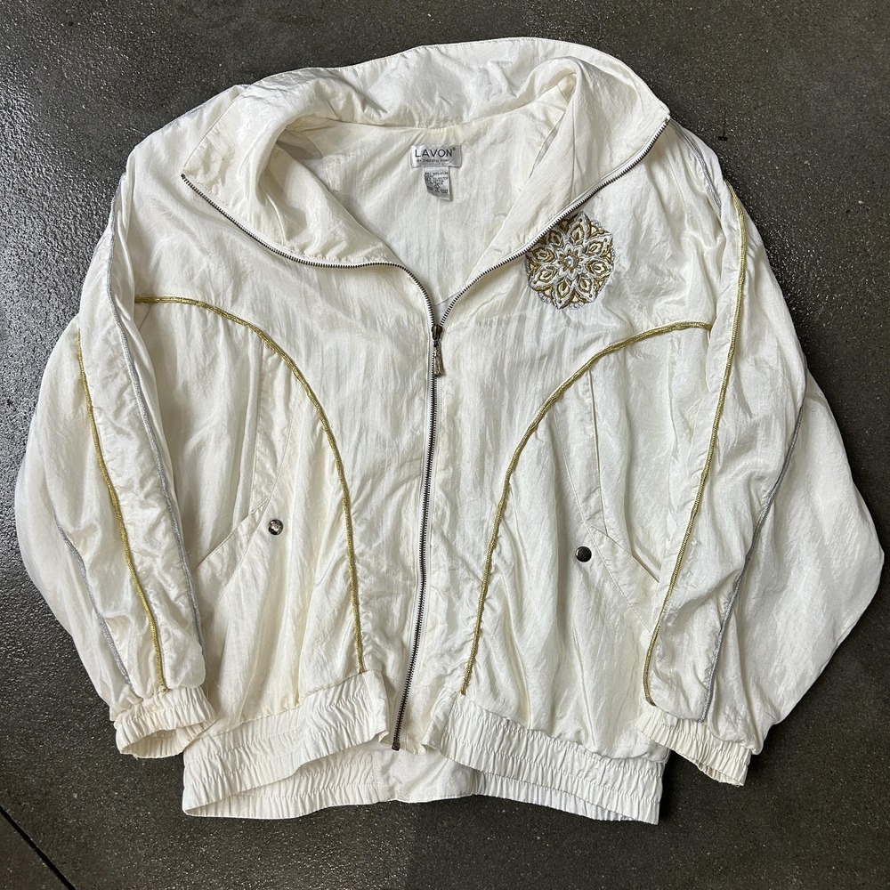 Vintage Lavon Jacket Womens Larg White Nylon Sequin Full Zip Windbreaker 80s 90s